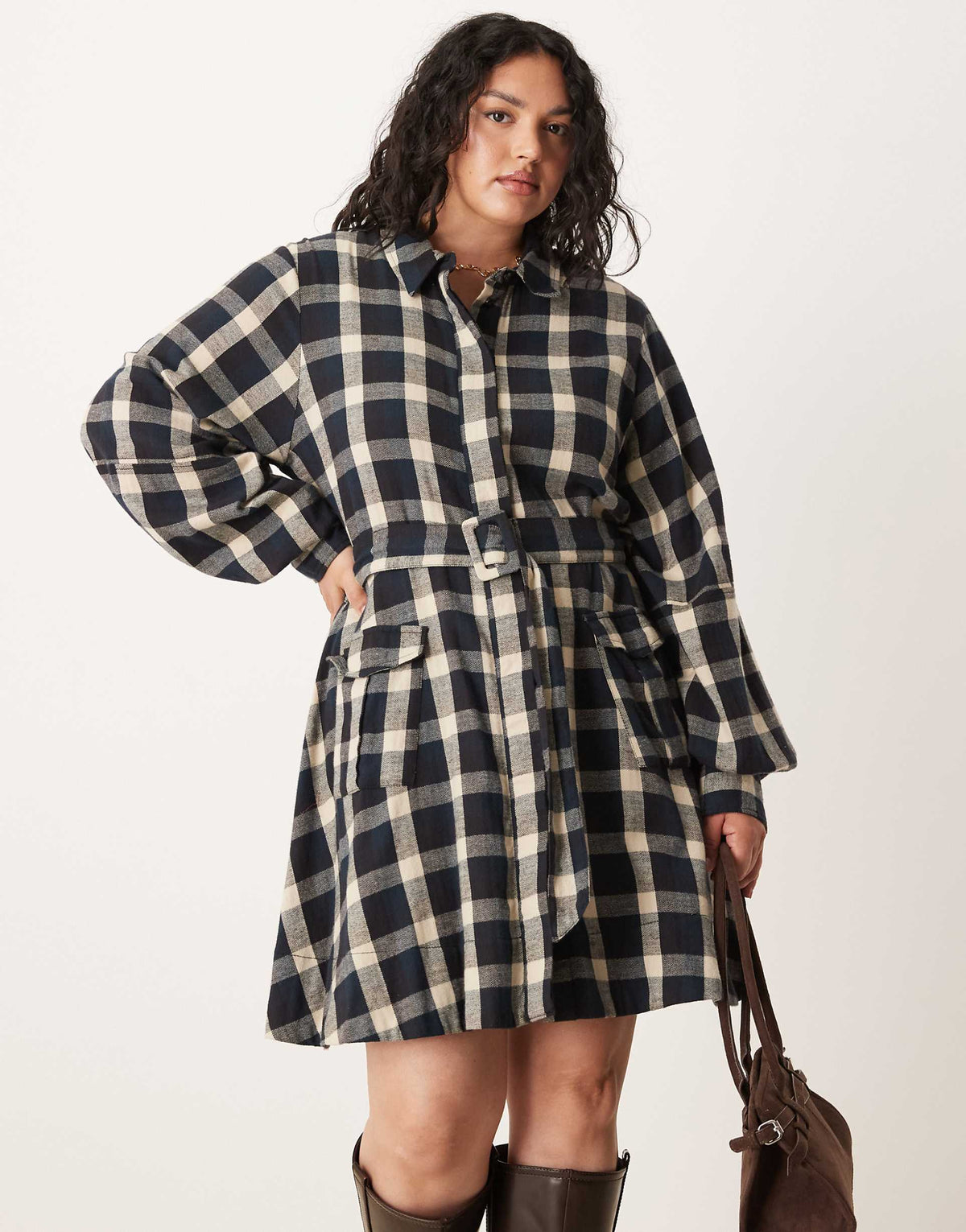 ASOS DESIGN Curve shirt mini dress with belt in black and tan plaid