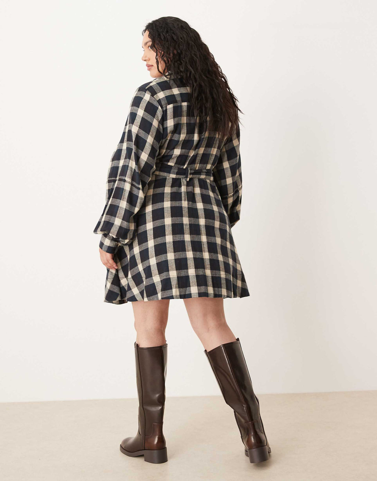 ASOS DESIGN Curve shirt mini dress with belt in black and tan plaid