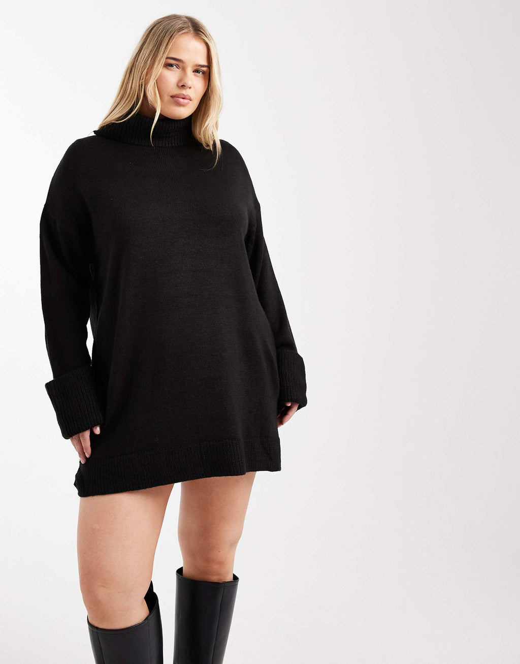 Brave Soul Plus high neck knit sweater dress in black