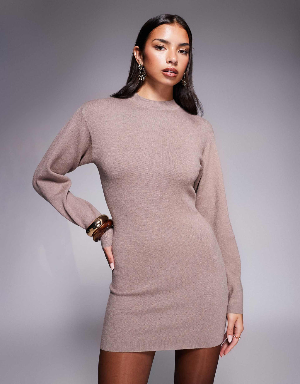 Aria Cove structured knit cocoon sleeve sweater dress in mocha