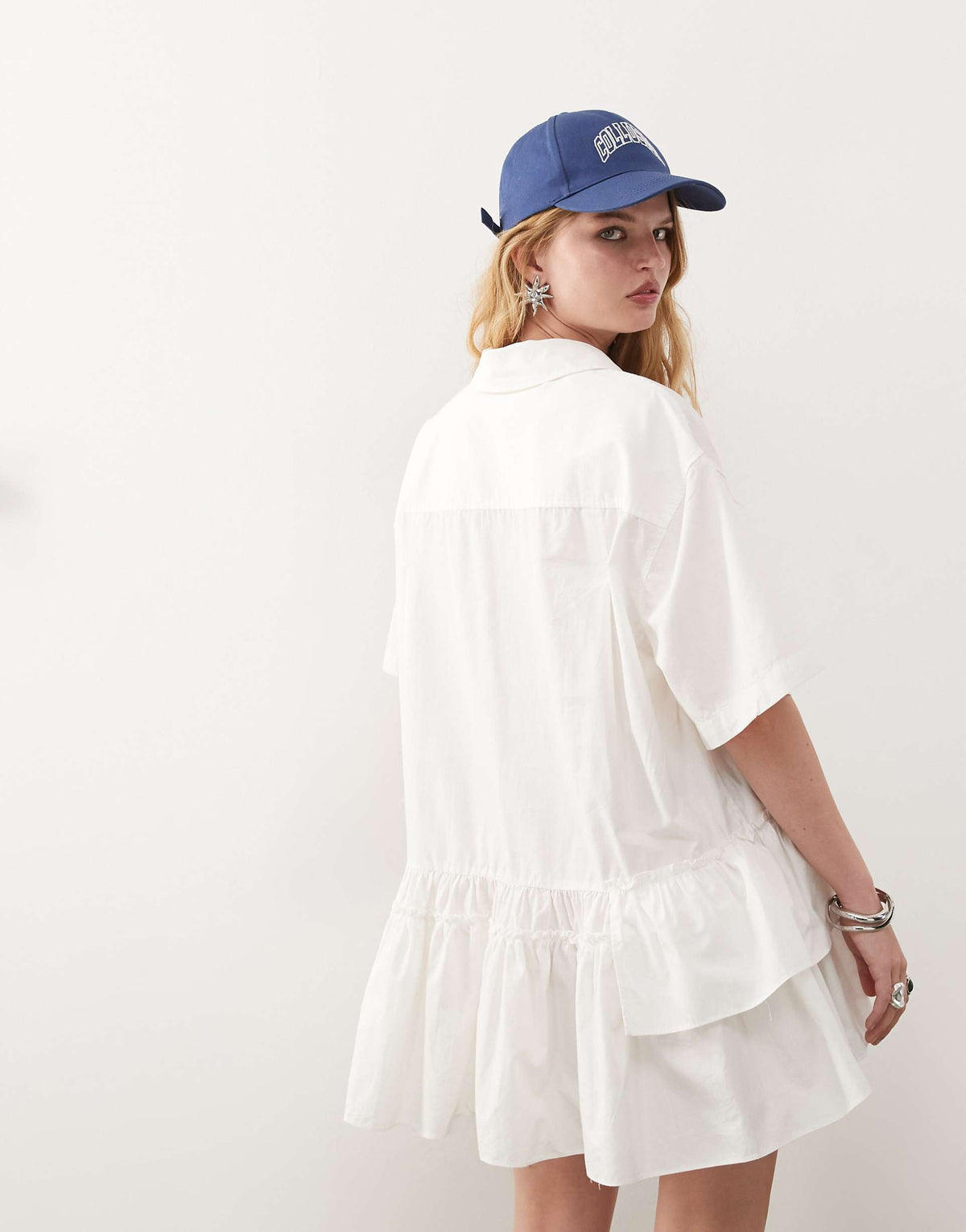 Monki short sleeve shirt dress with tiered hem in white