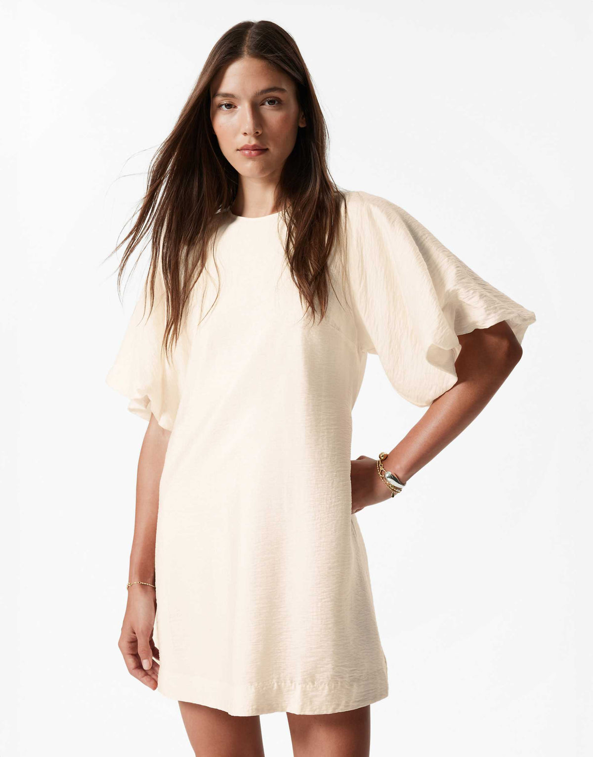 & Other Stories mini dress with puff sleeves with tie-back belt in white