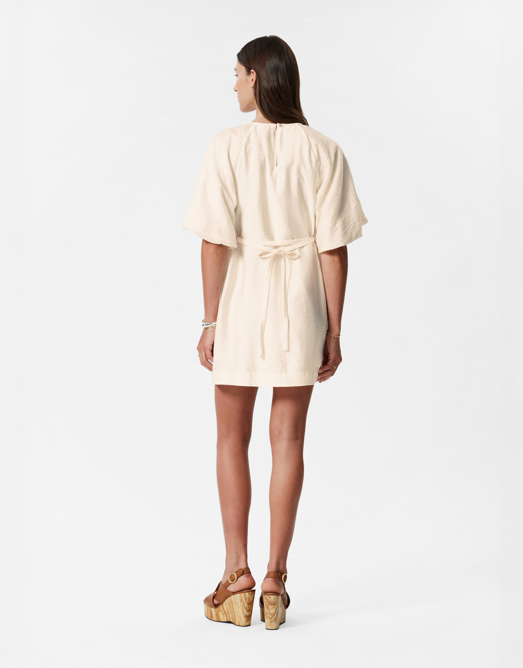 & Other Stories mini dress with puff sleeves with tie-back belt in white