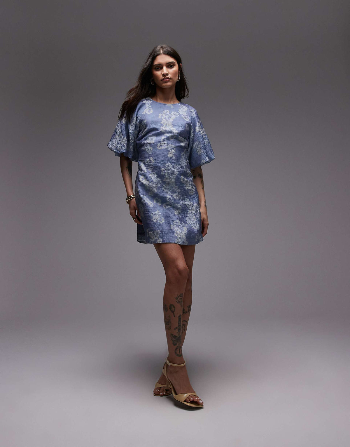 & Other Stories mini dress with puff sleeves with tie-back belt in blue floral print
