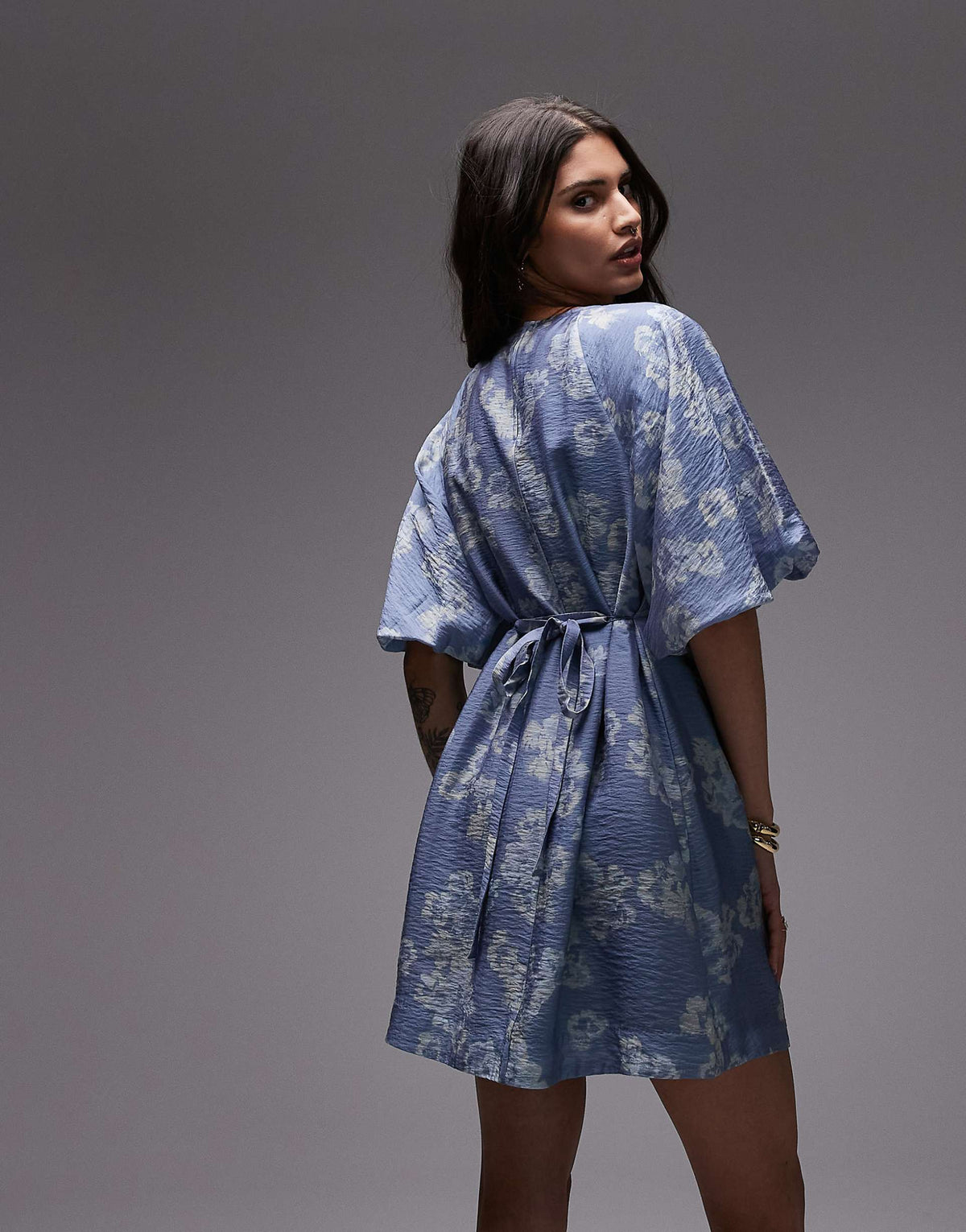 & Other Stories mini dress with puff sleeves with tie-back belt in blue floral print