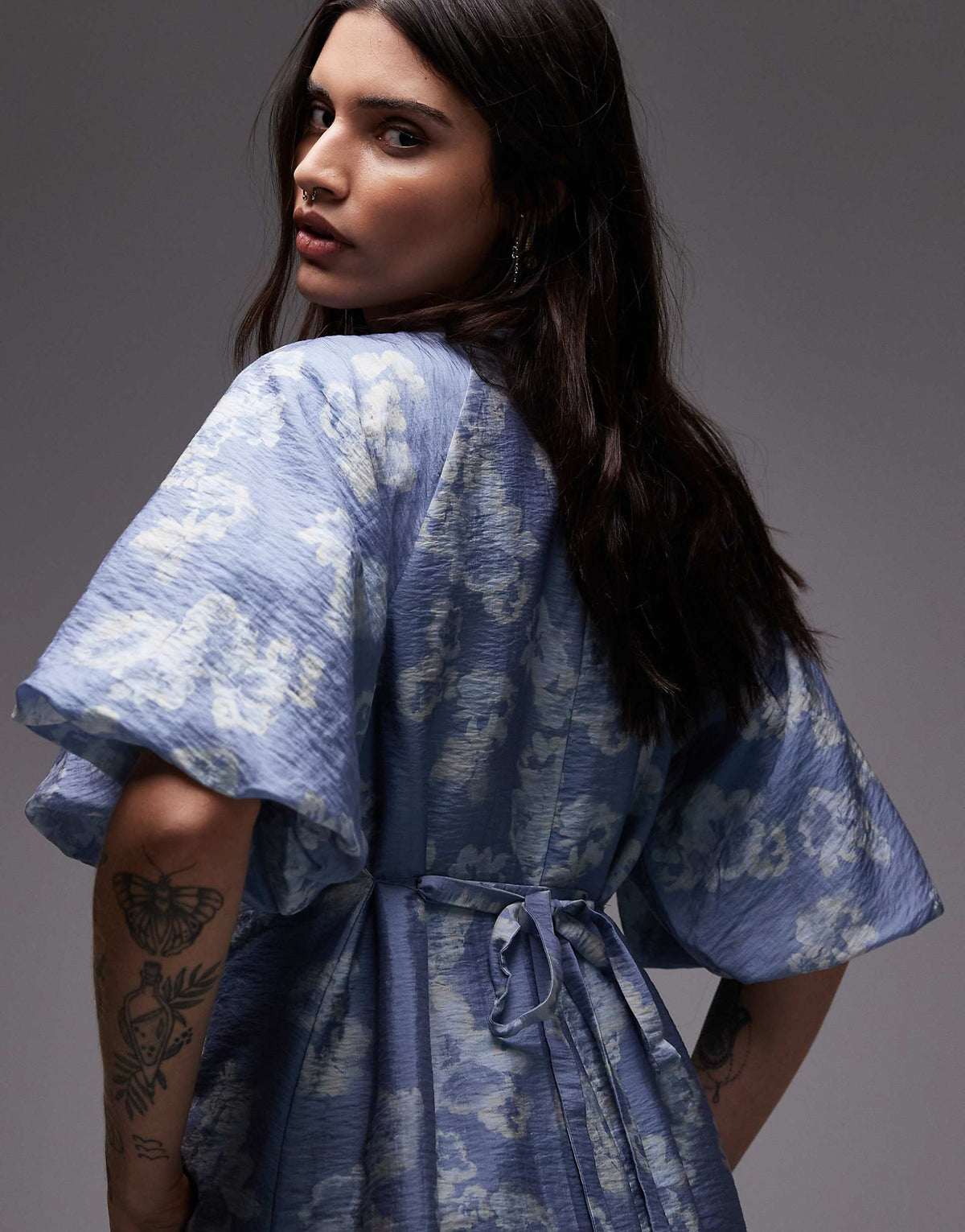 & Other Stories mini dress with puff sleeves with tie-back belt in blue floral print