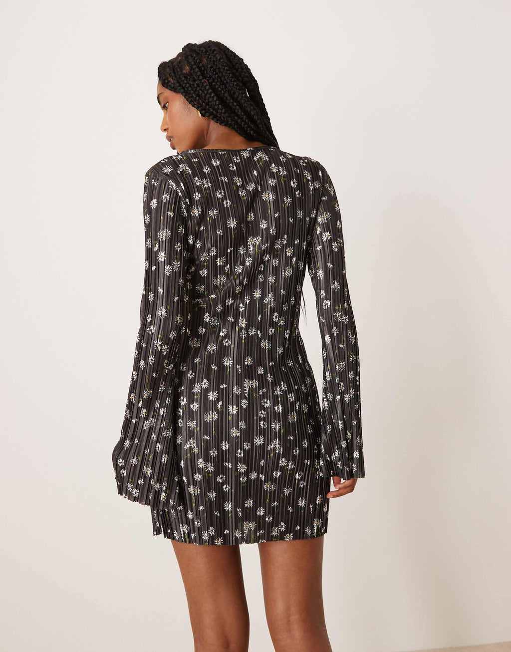 ASOS DESIGN plisse long angel sleeve wrap front mini dress in daisy print