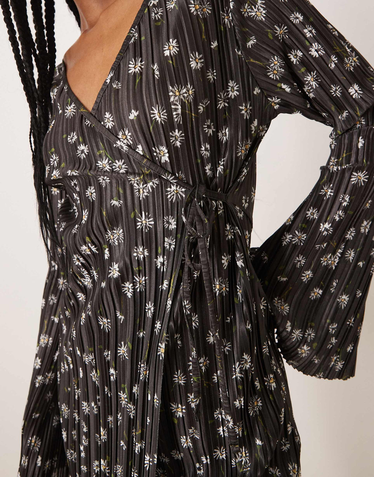ASOS DESIGN plisse long angel sleeve wrap front mini dress in daisy print