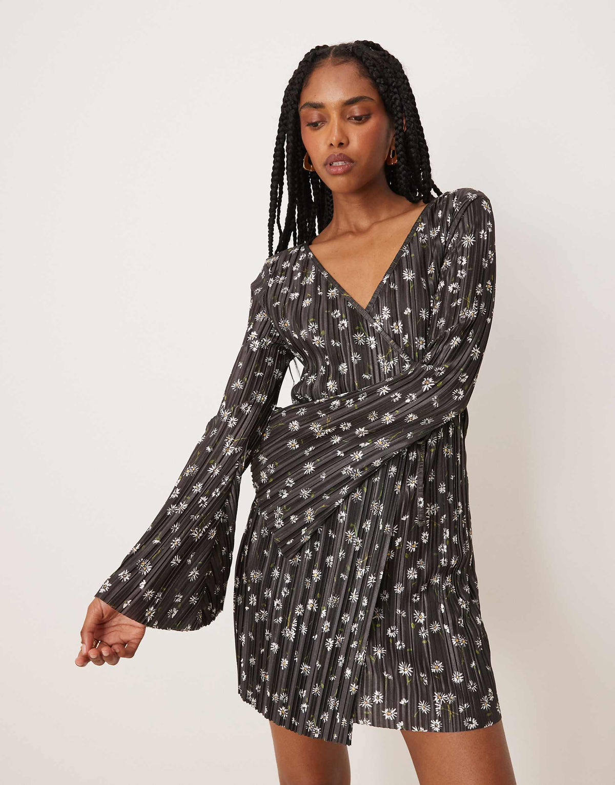 ASOS DESIGN plisse long angel sleeve wrap front mini dress in daisy print