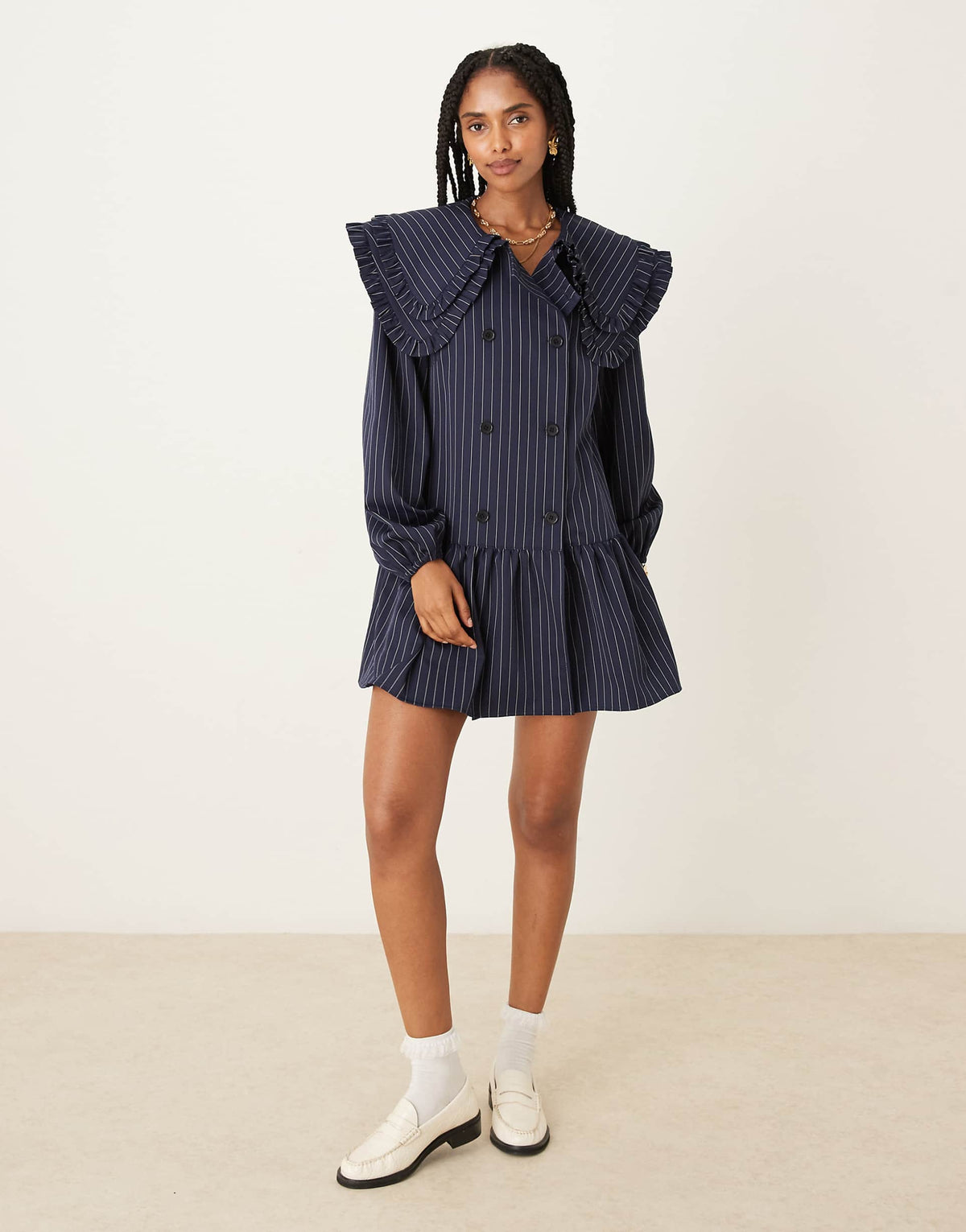 Neon Rose pinstriped double collar mini smock dress in navy