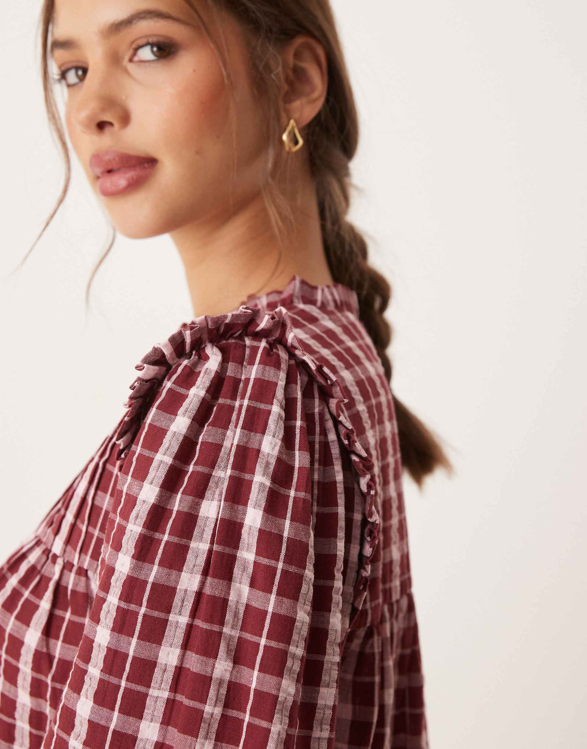 Neon Rose high neck textured plaid mini smock dress in burgundy & pink