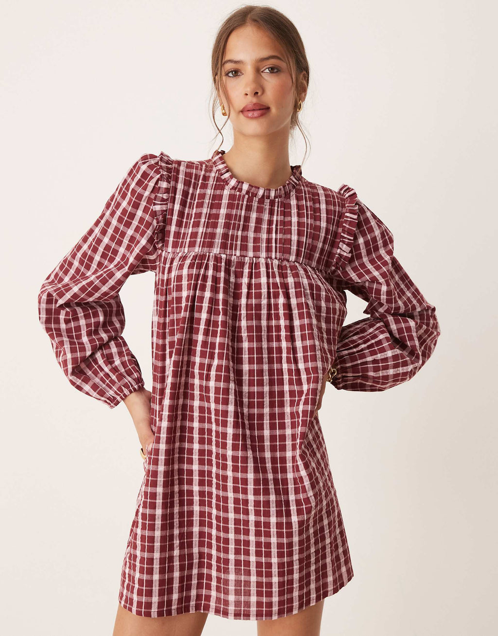 Neon Rose high neck textured plaid mini smock dress in burgundy & pink