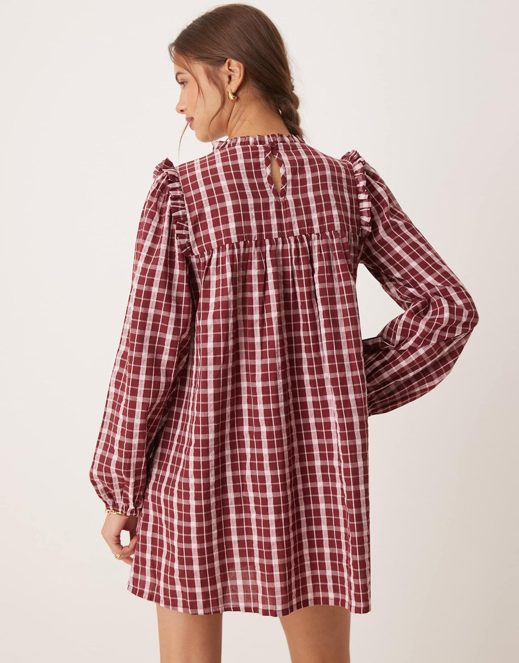 Neon Rose high neck textured plaid mini smock dress in burgundy & pink