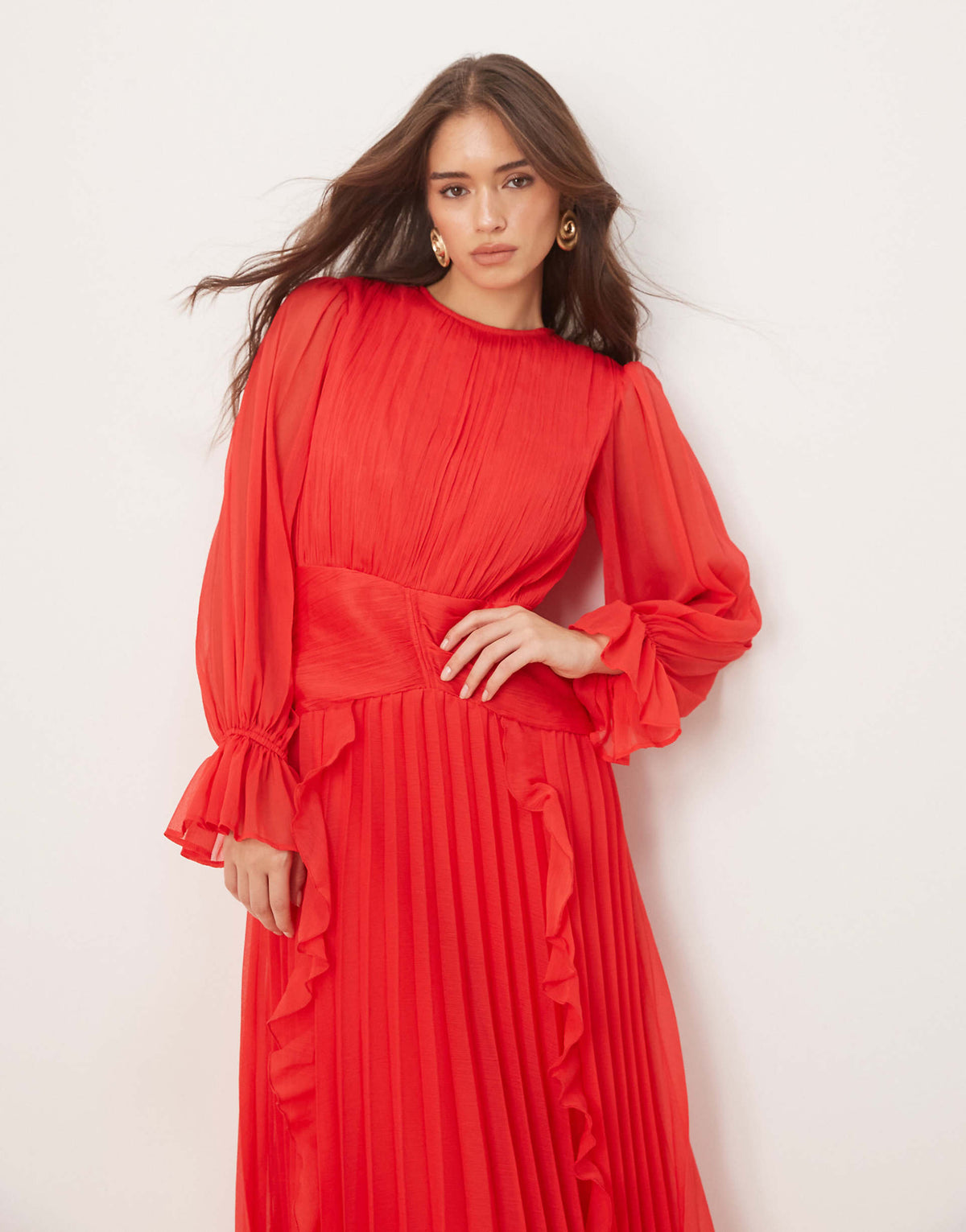 ASOS DESIGN high neck ruched belt detail maxi dress in red