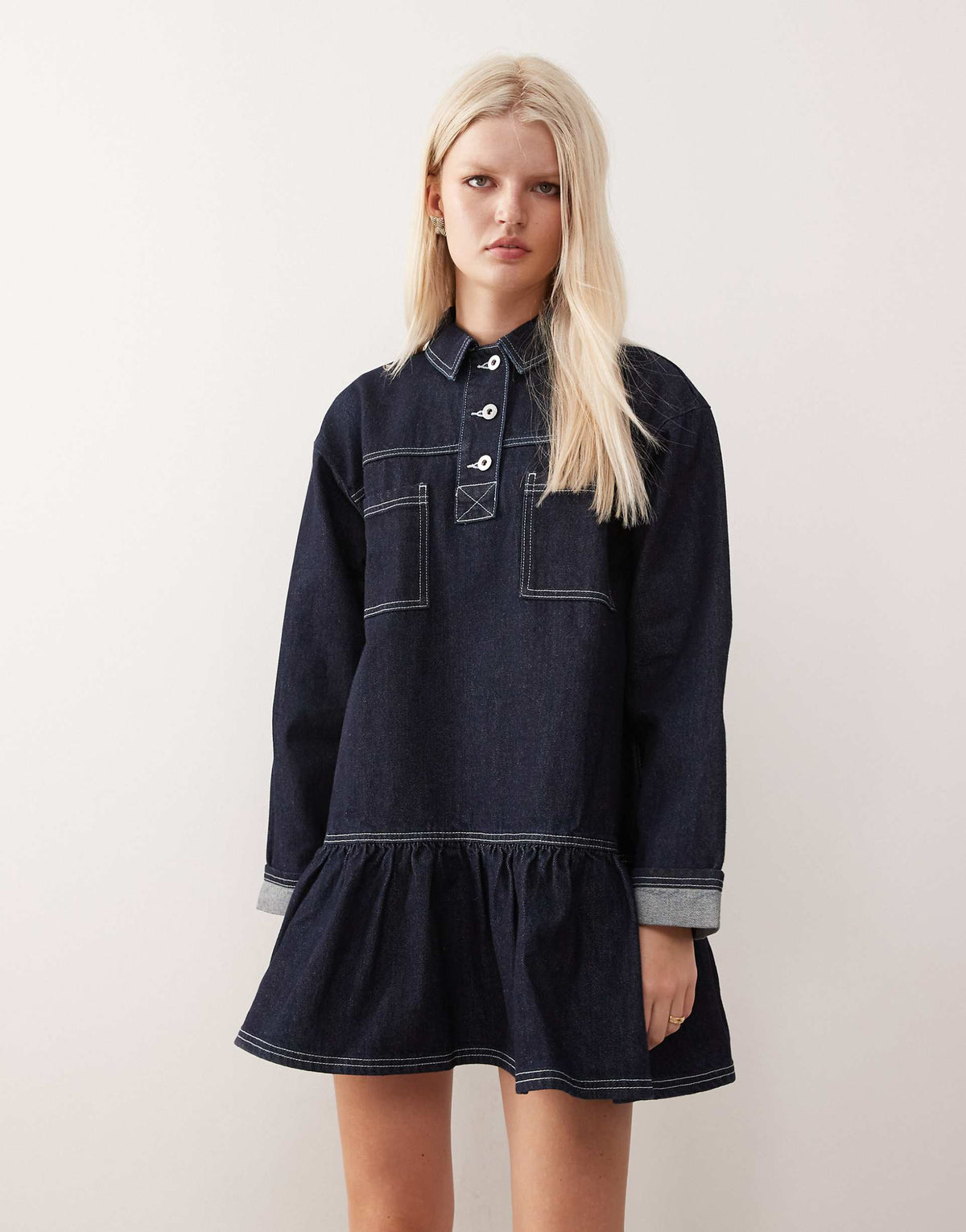 COLLUSION denim long sleeve smock mini dress in rinse