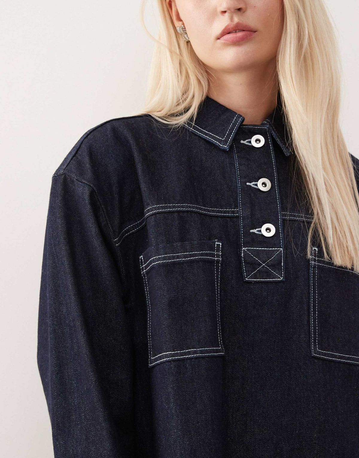 COLLUSION denim long sleeve smock mini dress in rinse