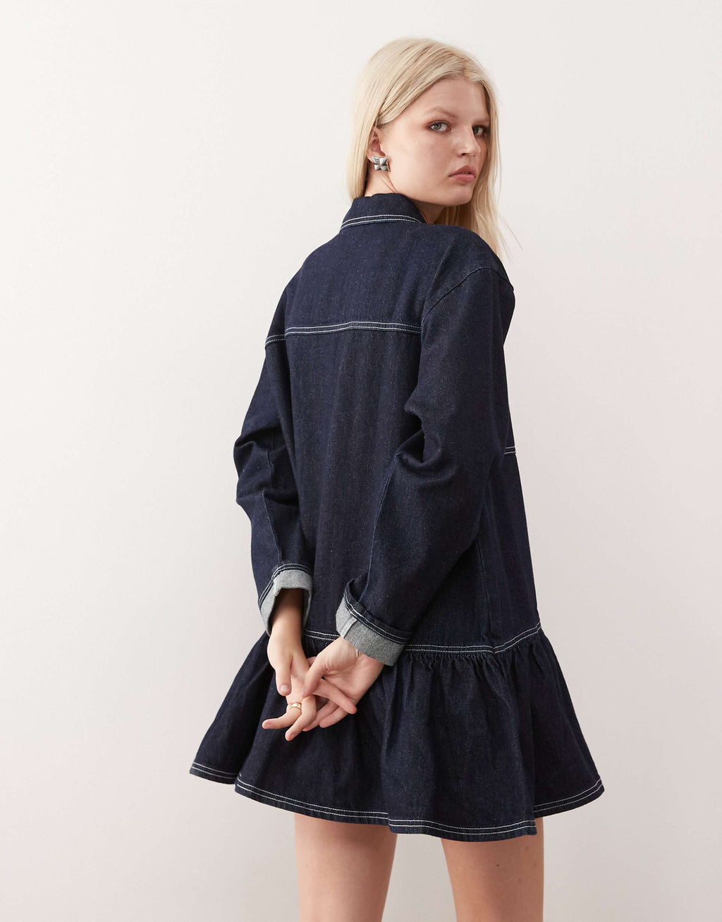 COLLUSION denim long sleeve smock mini dress in rinse