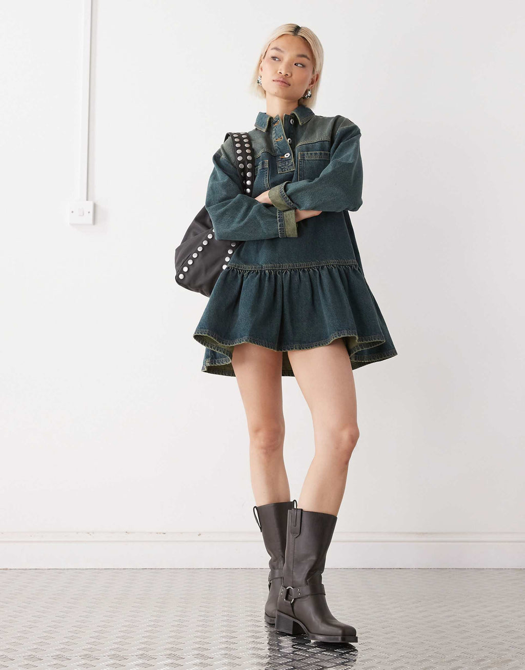 COLLUSION denim long sleeve smock dress in green wash