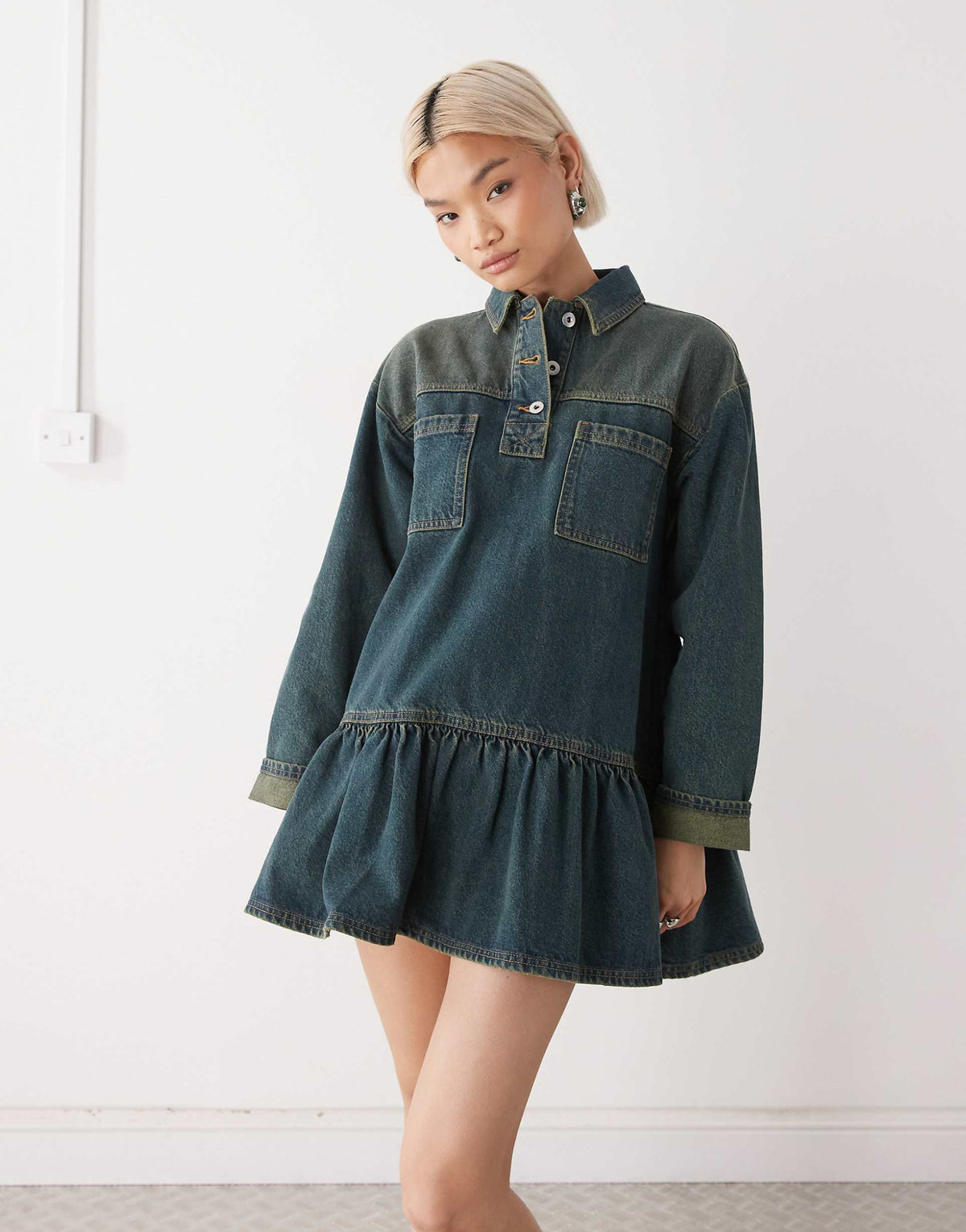 COLLUSION denim long sleeve smock dress in green wash