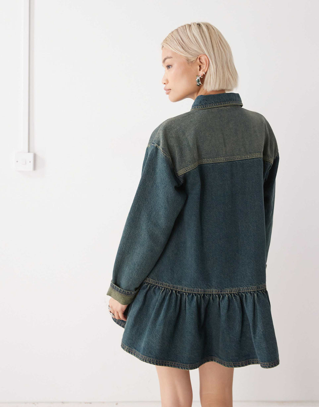 COLLUSION denim long sleeve smock dress in green wash