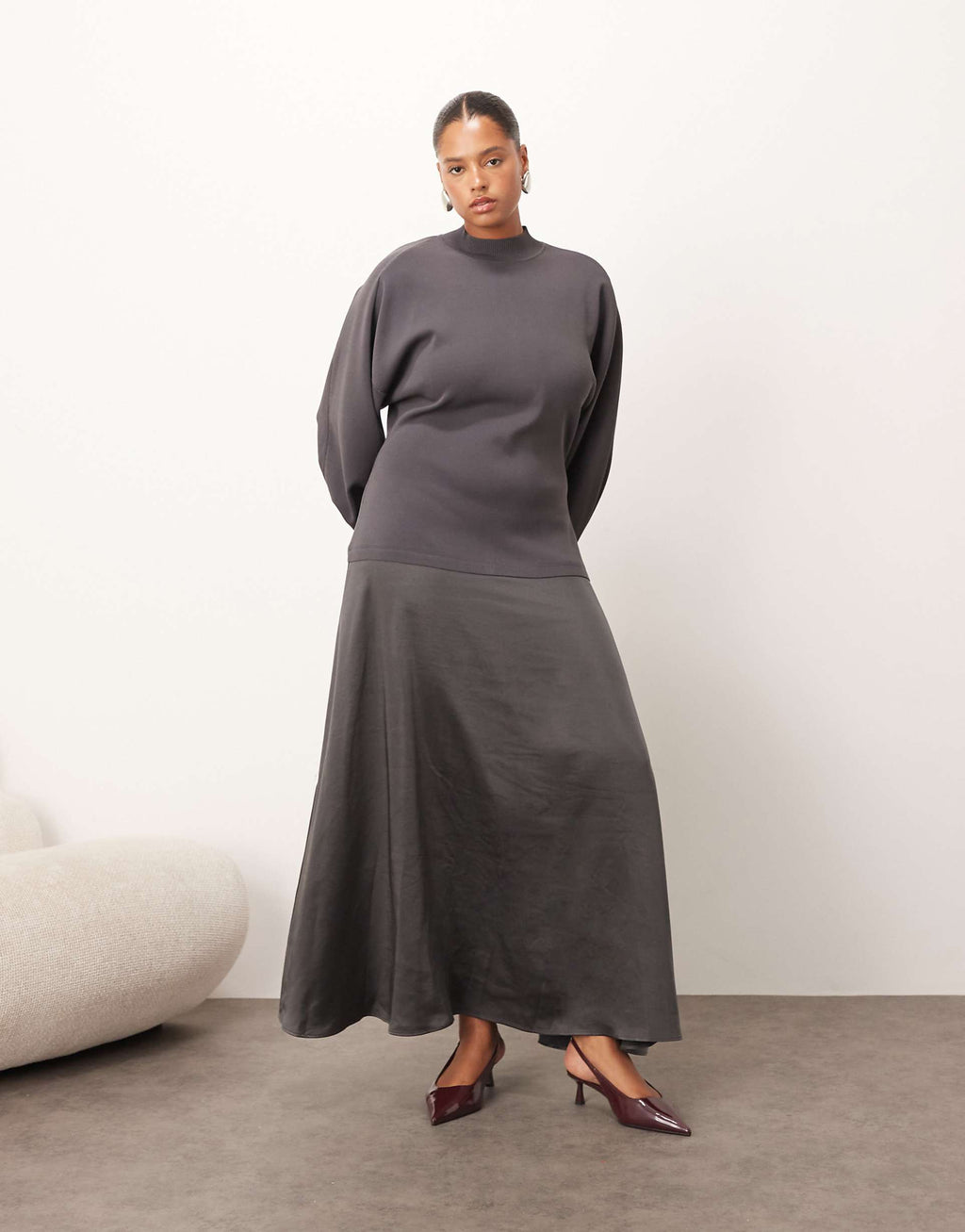 ARRANGE Curve hybrid sculpted sleeves maxi dress in charcoal
