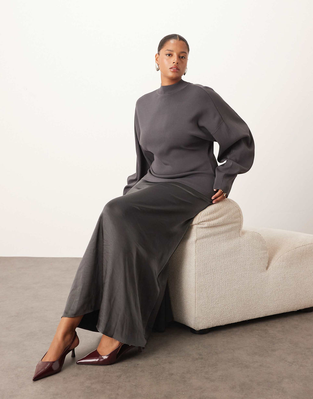 ARRANGE Curve hybrid sculpted sleeves maxi dress in charcoal