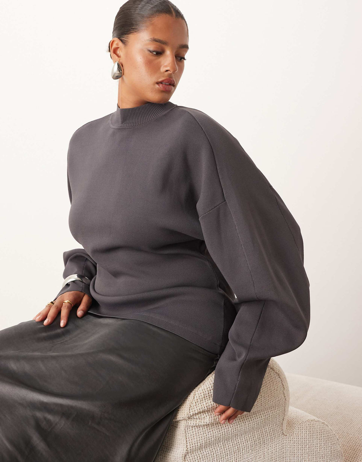 ARRANGE Curve hybrid sculpted sleeves maxi dress in charcoal