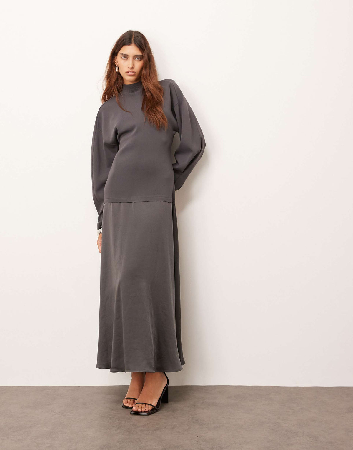 ARRANGE hybrid knit mix sculpted sleeves maxi dress in charcoal