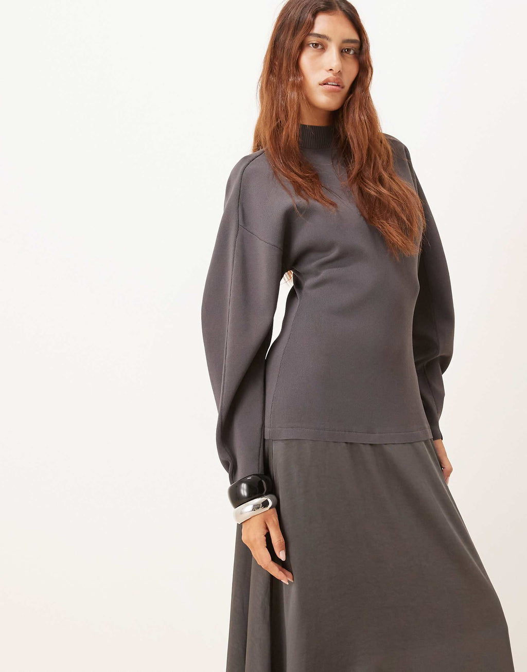 ARRANGE hybrid knit mix sculpted sleeves maxi dress in charcoal