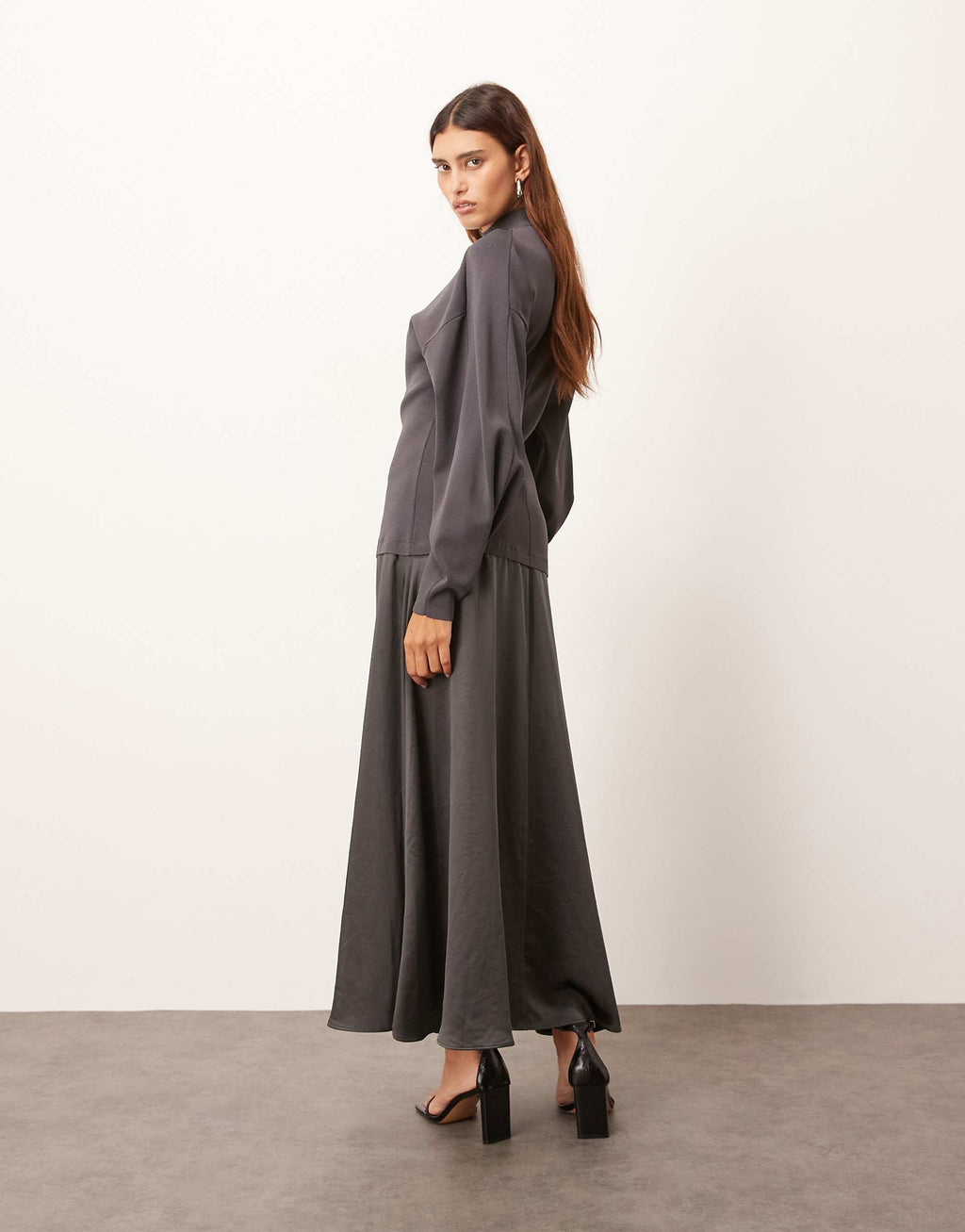 ARRANGE hybrid knit mix sculpted sleeves maxi dress in charcoal