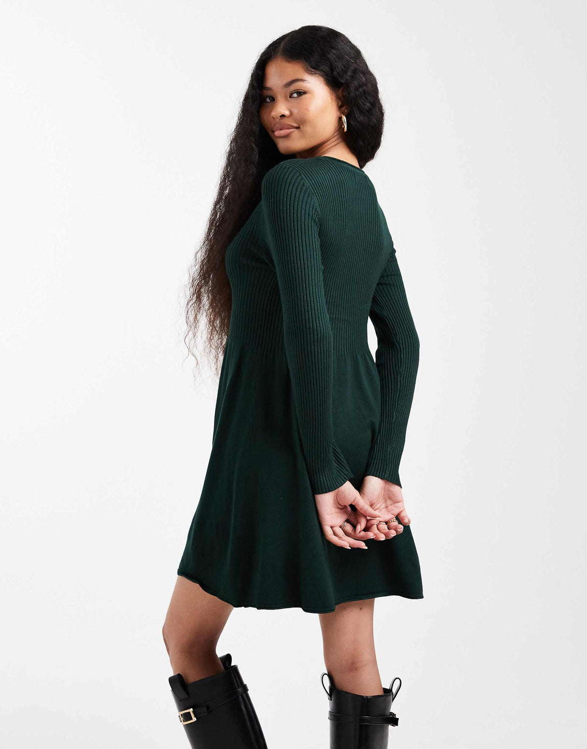 ONLY Petite mini knit skater dress in dark green