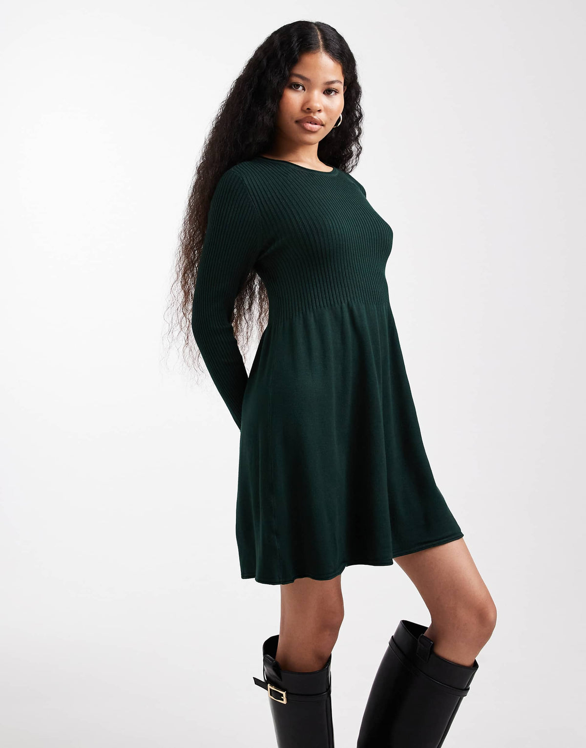 ONLY Petite mini knit skater dress in dark green