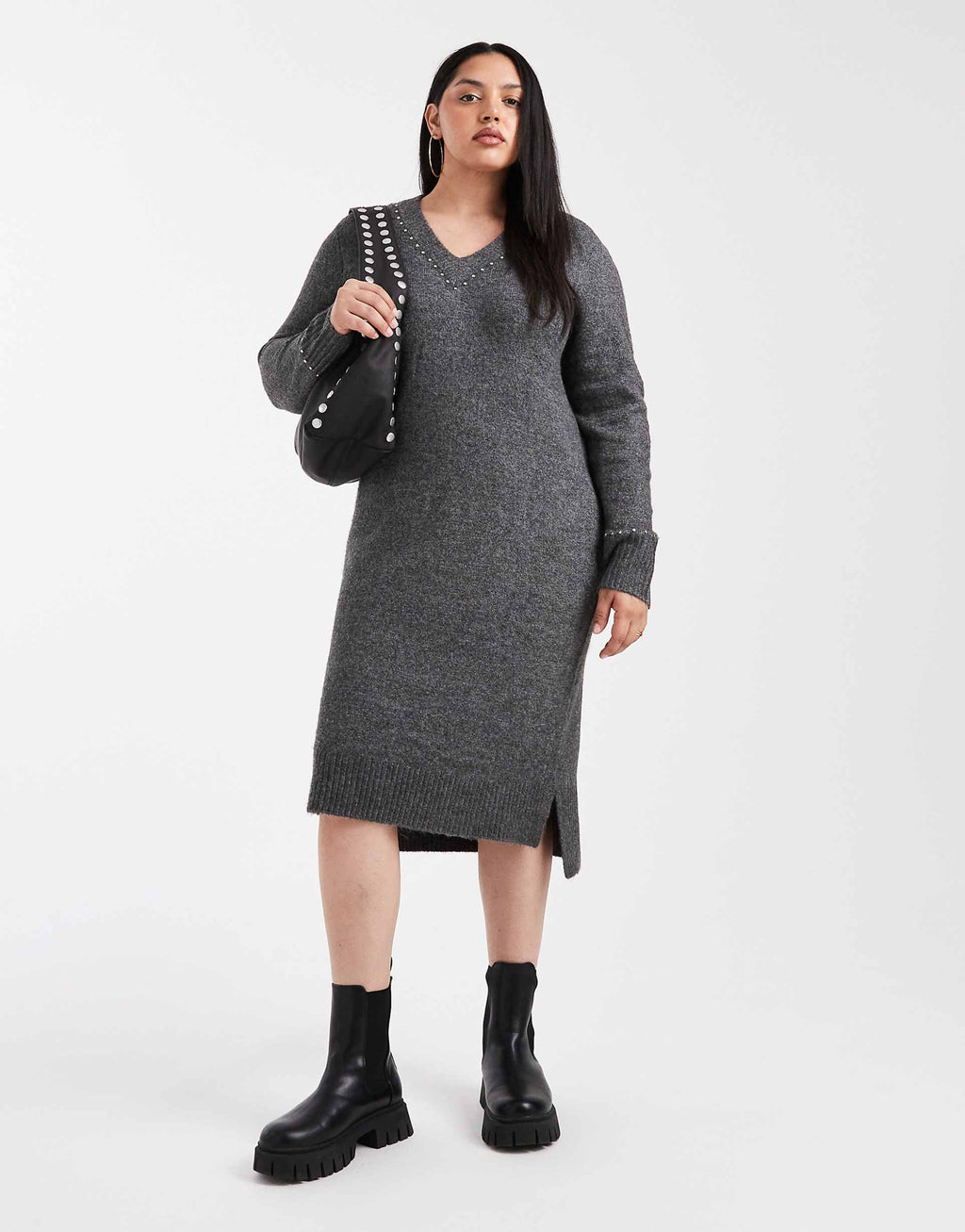 ONLY Curve V-neck knit midi dress with embellished studs in gray