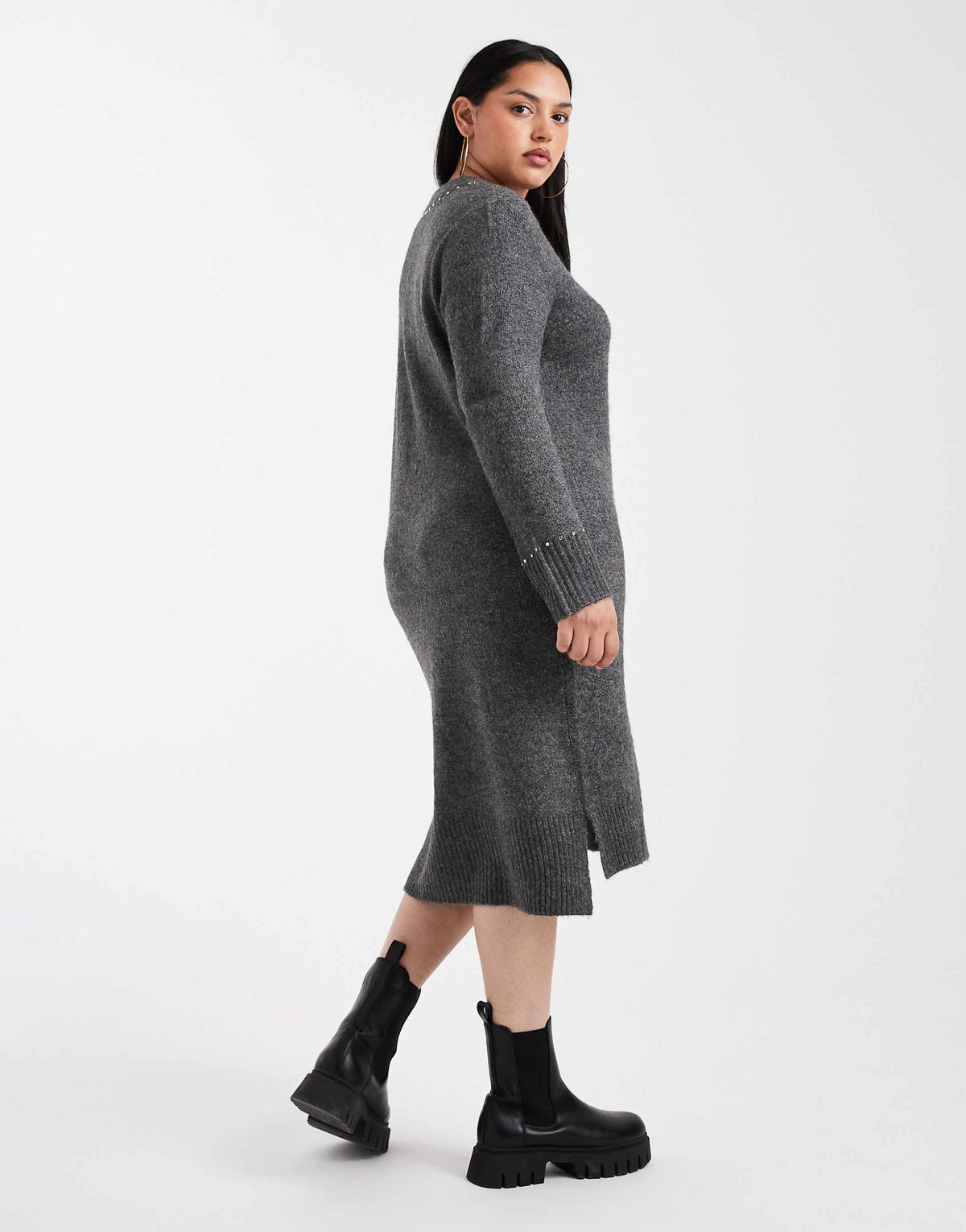 ONLY Curve V-neck knit midi dress with embellished studs in gray