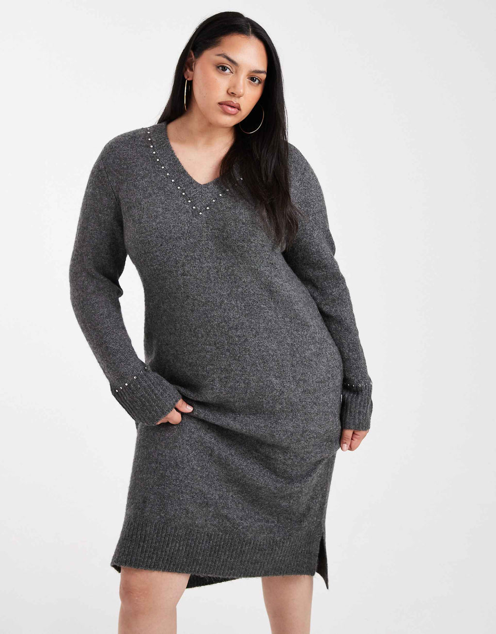 ONLY Curve V-neck knit midi dress with embellished studs in gray
