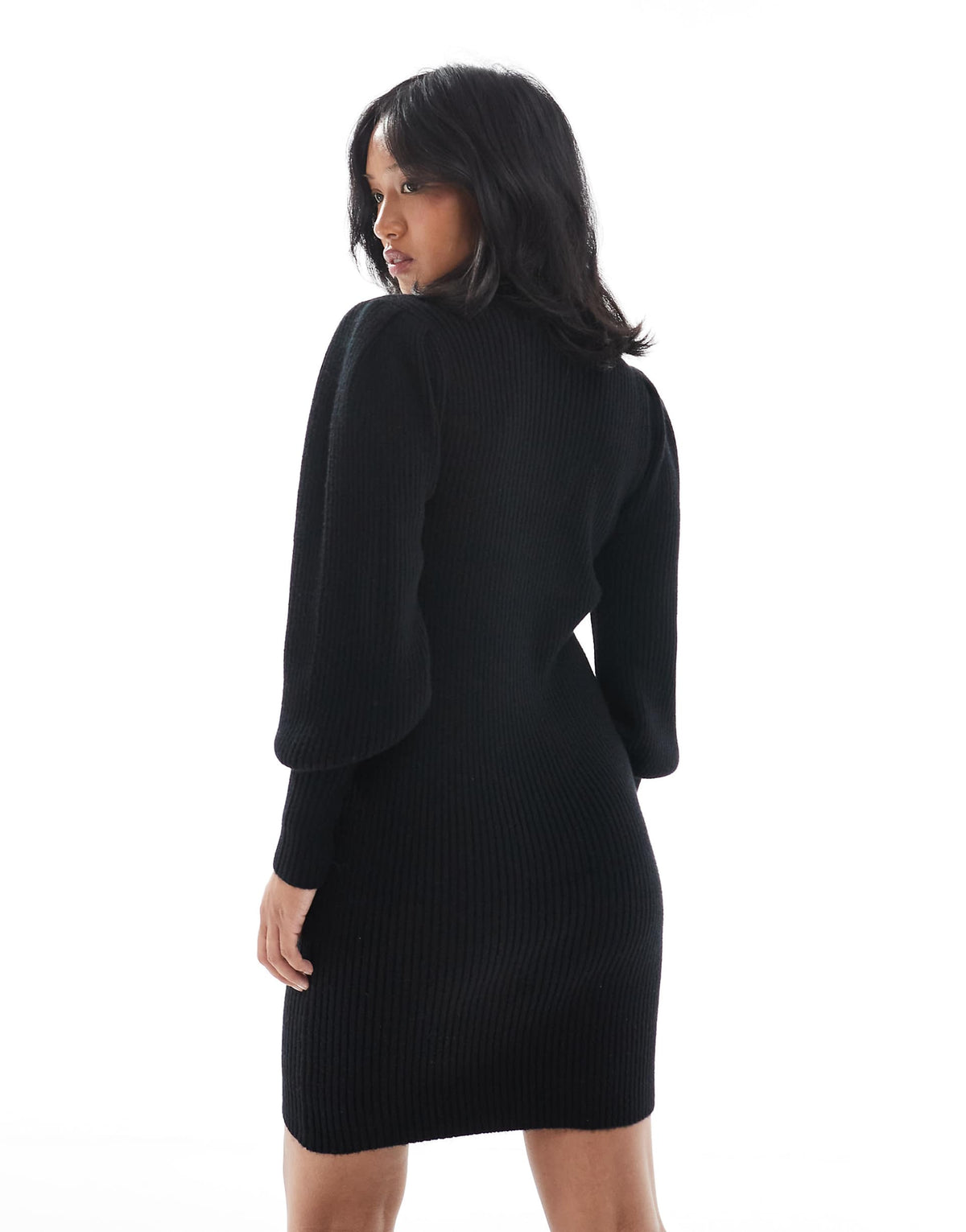 ONLY Petite high neck puff sleeve mini sweater dress in black