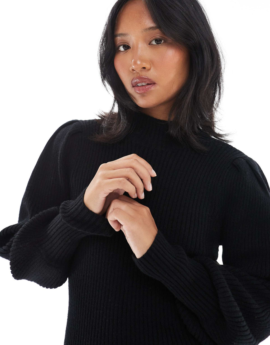 ONLY Petite high neck puff sleeve mini sweater dress in black