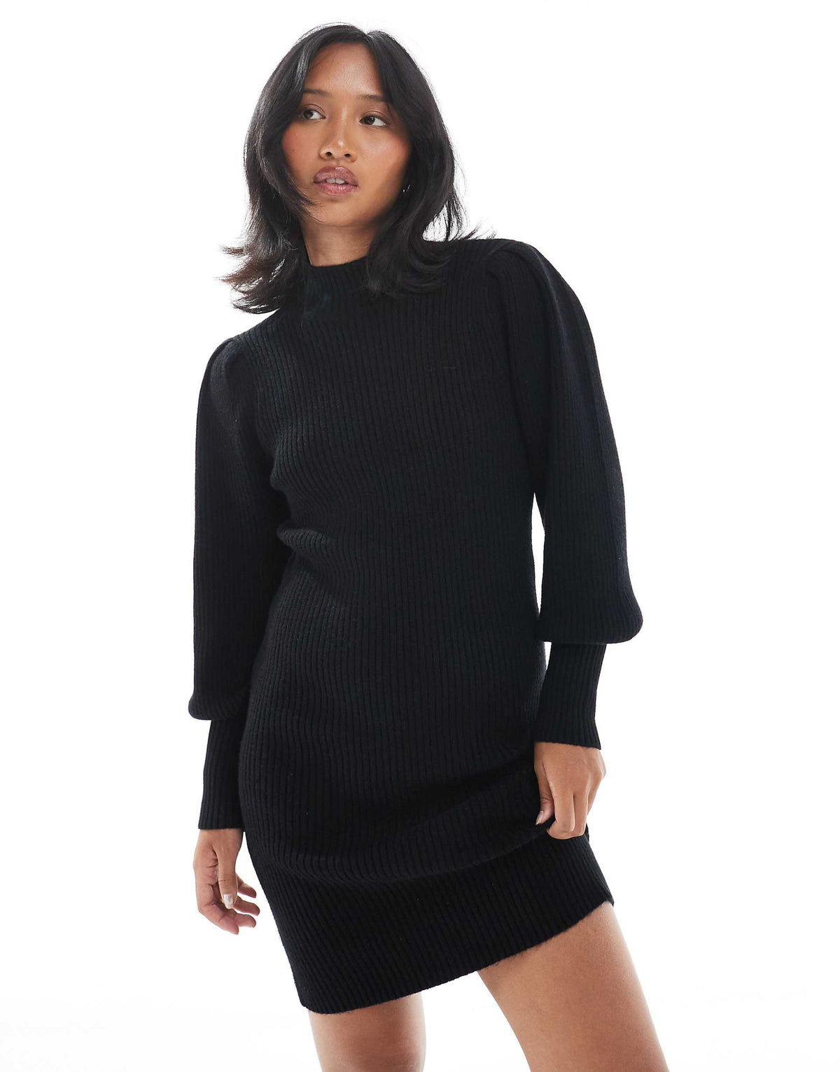 ONLY Petite high neck puff sleeve mini sweater dress in black