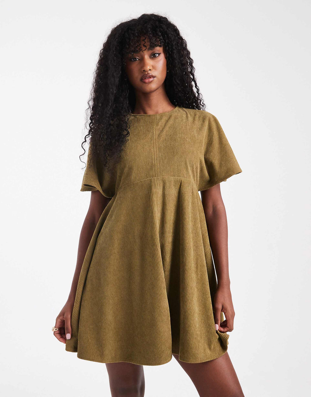 ASOS DESIGN cord T-shirt mini dress with stitching detail in olive