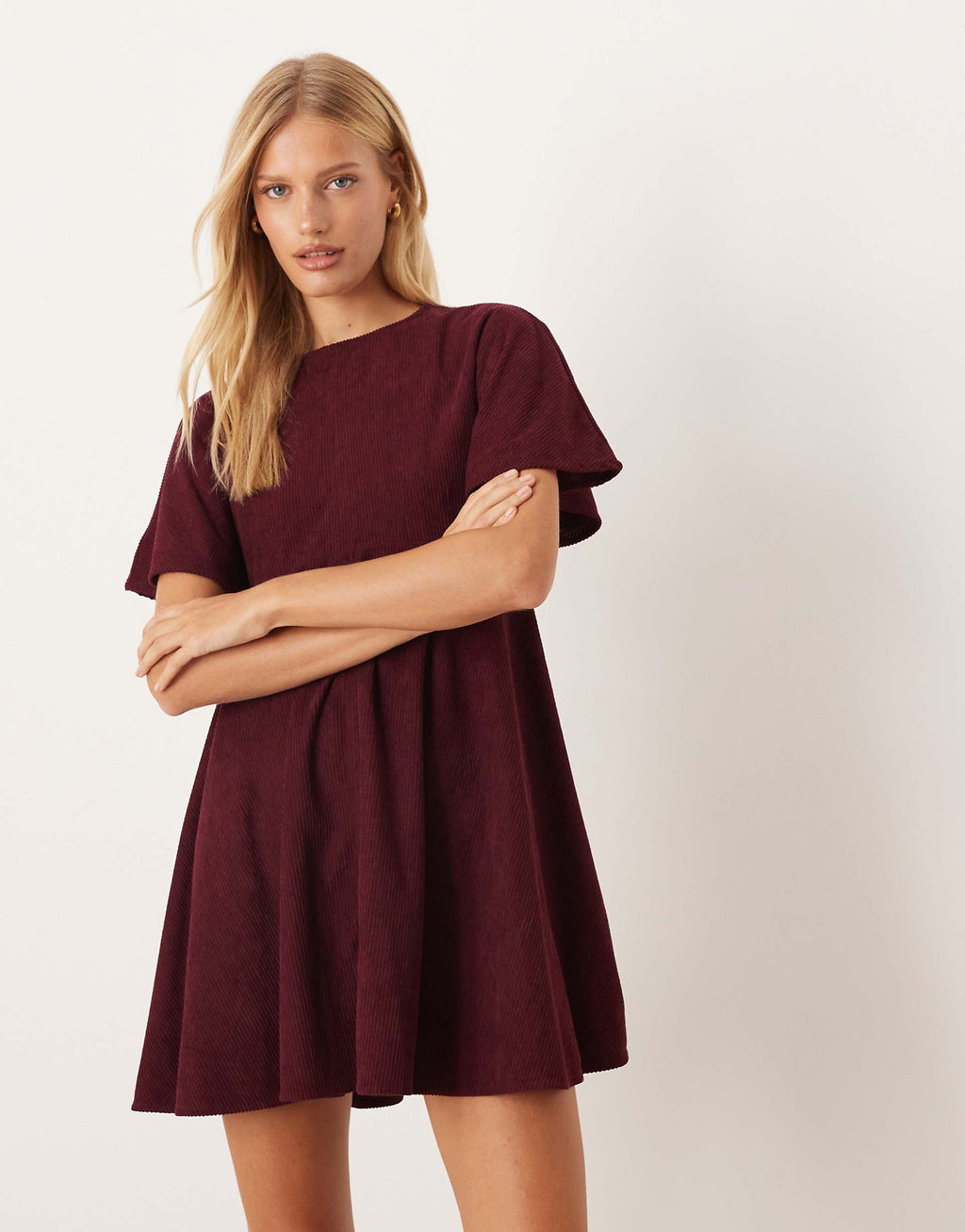 ASOS DESIGN cord T-shirt mini dress with stitching detail in plum