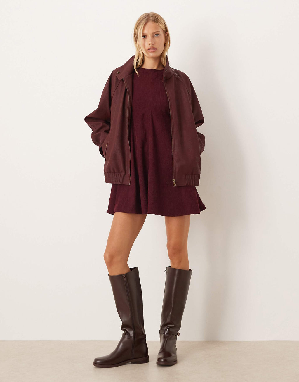 ASOS DESIGN cord T-shirt mini dress with stitching detail in plum