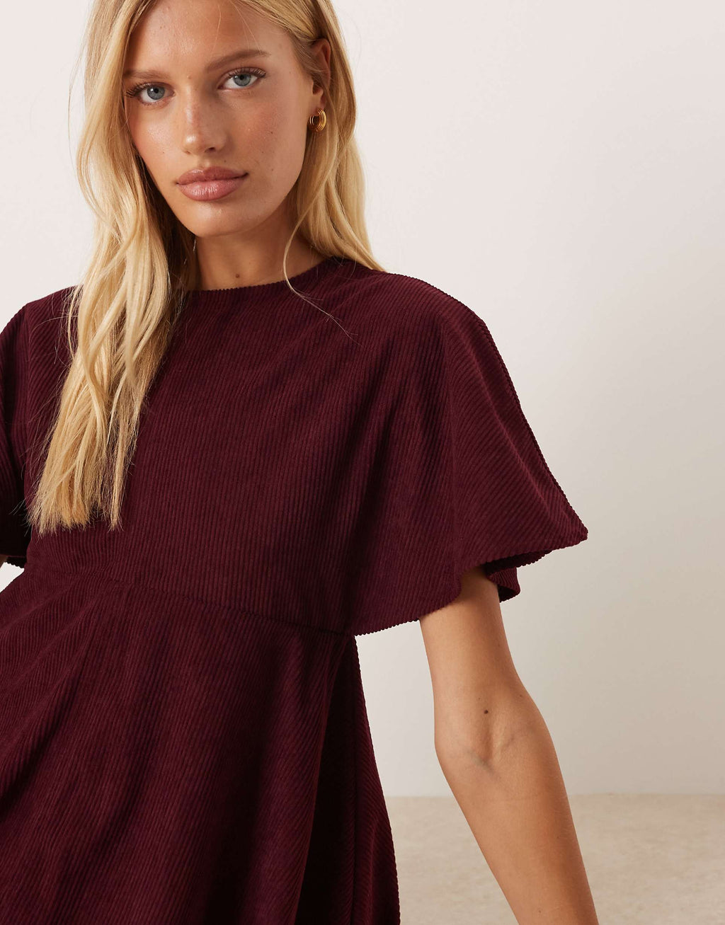 ASOS DESIGN cord T-shirt mini dress with stitching detail in plum