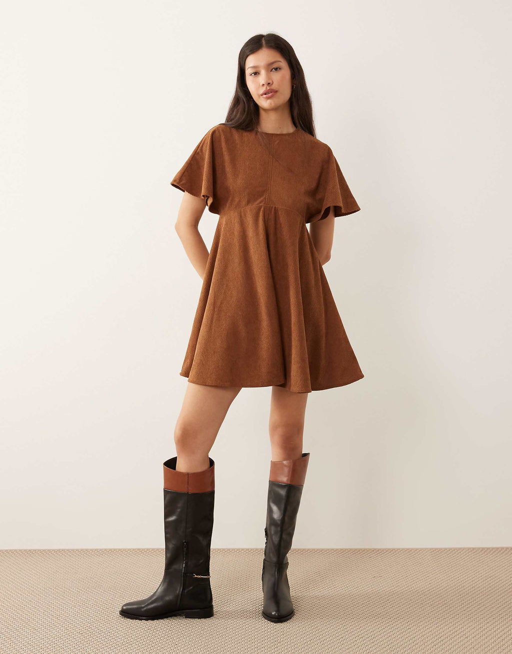 ASOS DESIGN cord T-shirt mini dress with stitching detail in tan