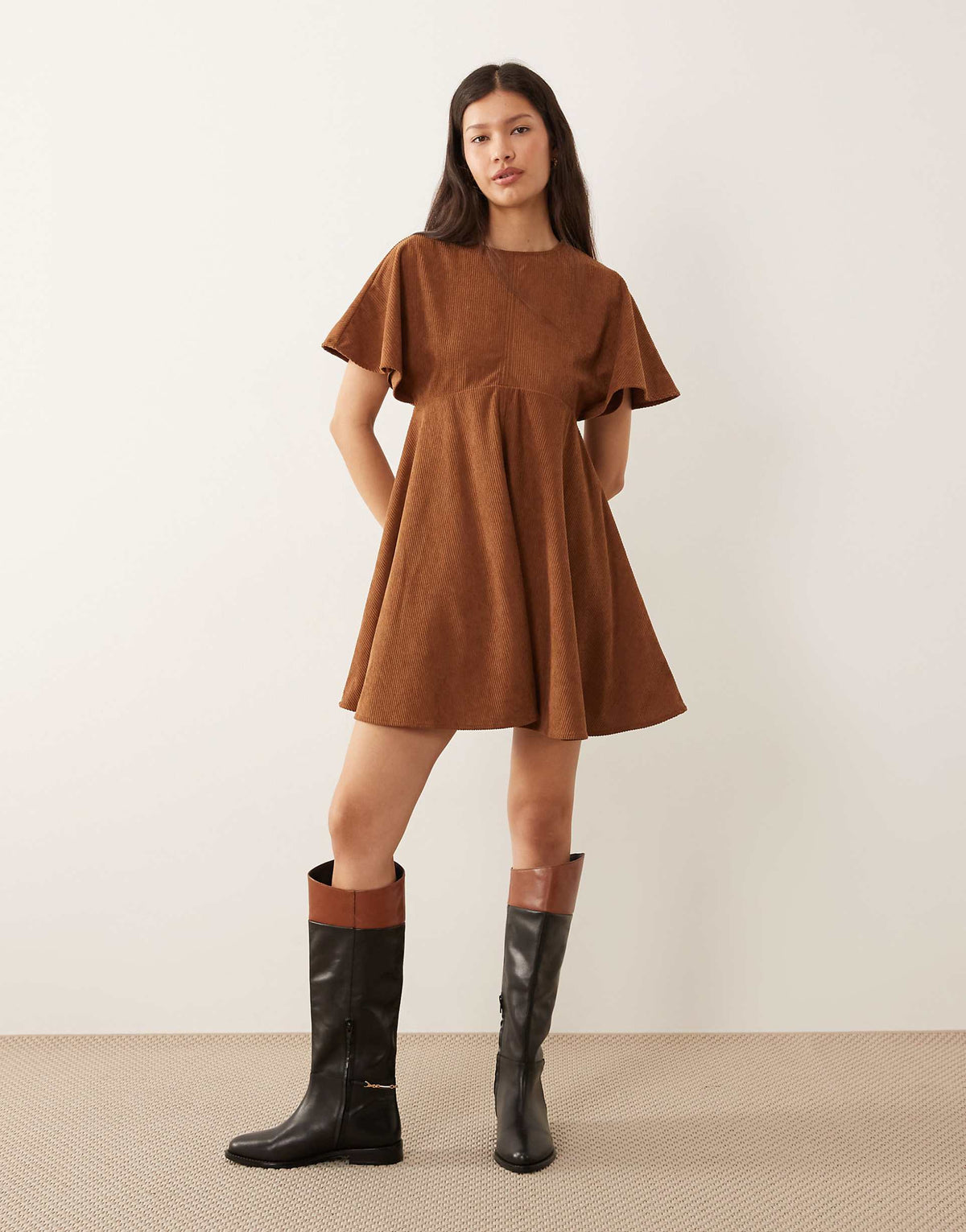 ASOS DESIGN cord T-shirt mini dress with stitching detail in tan