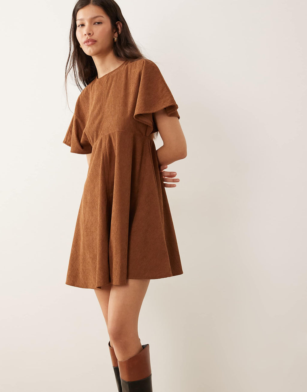ASOS DESIGN cord T-shirt mini dress with stitching detail in tan