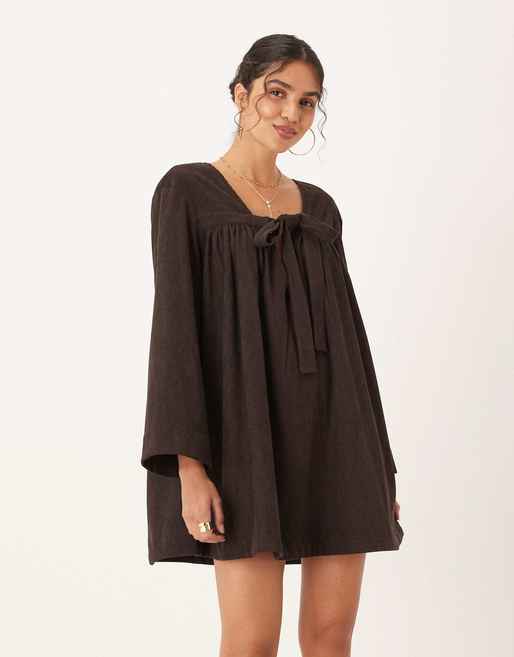 ASOS DESIGN corduroy tie front mini smock dress in chocolate