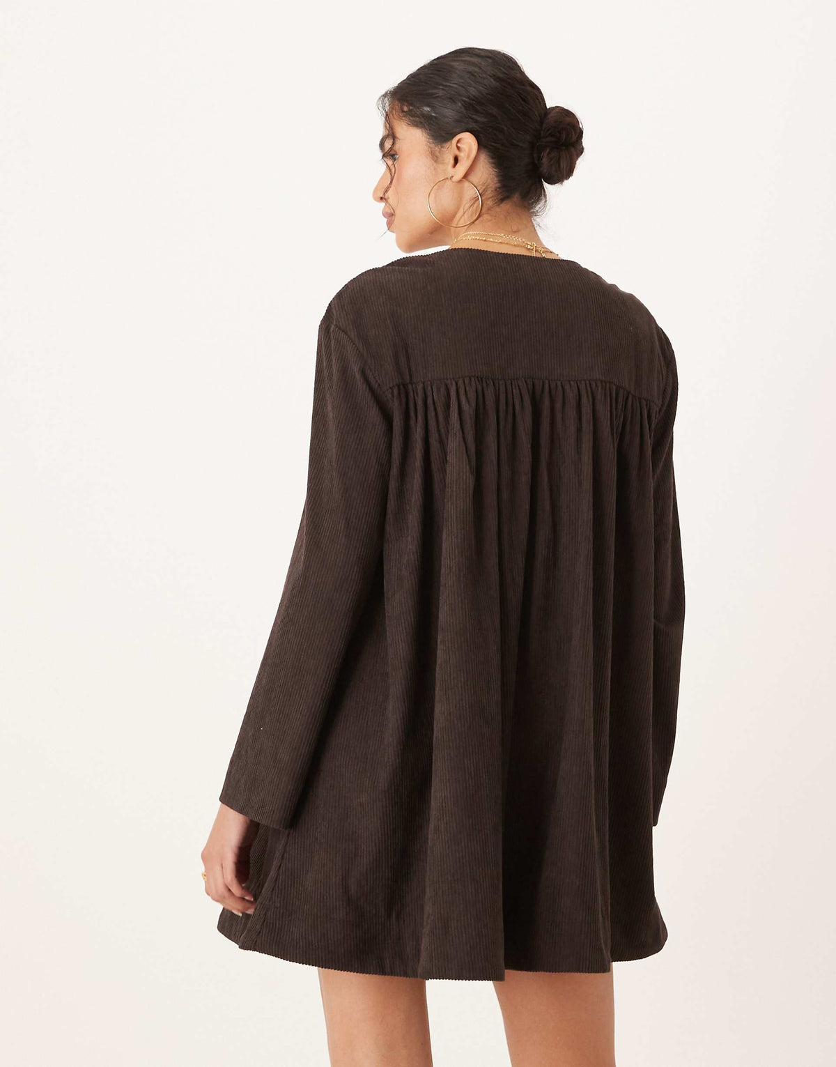 ASOS DESIGN corduroy tie front mini smock dress in chocolate