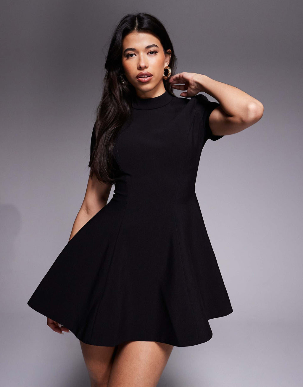 Bardot Zephyra short sleeve high neck fit and flare full skirt mini dress in black