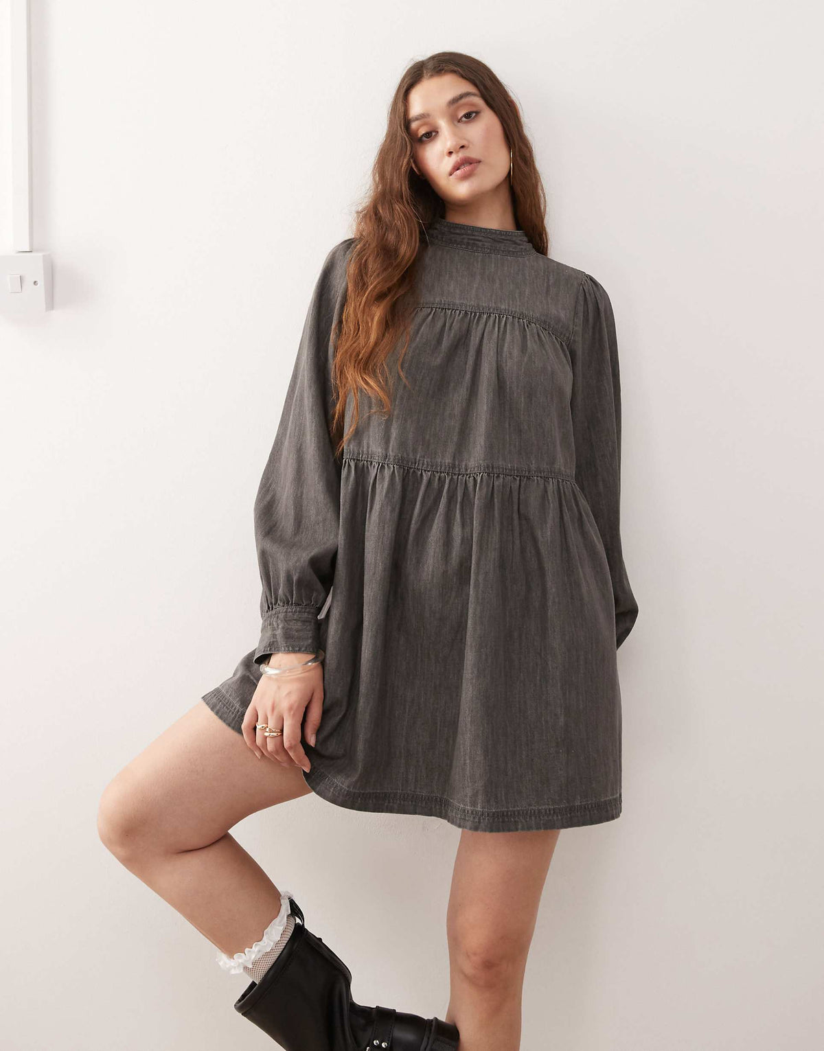Miss Selfridge long sleeve high neck dress in black wash