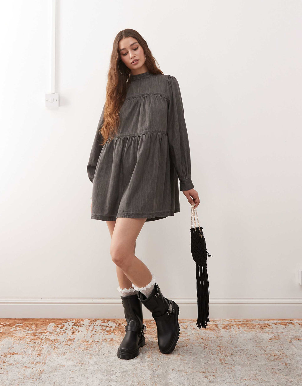 Miss Selfridge long sleeve high neck dress in black wash